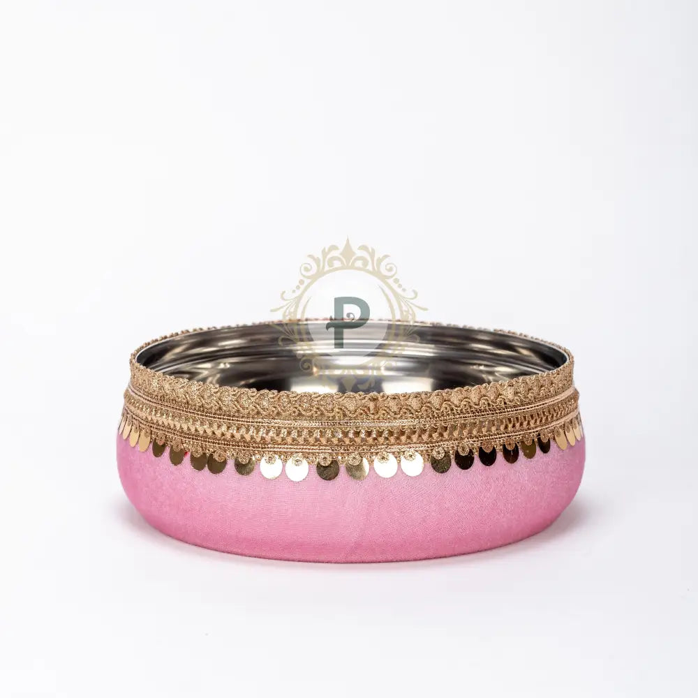 Pastel Pink Velvet Thaal With Chura Bowl