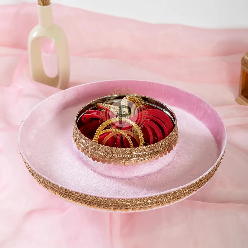 Pastel Pink Velvet Thaal With Chura Bowl