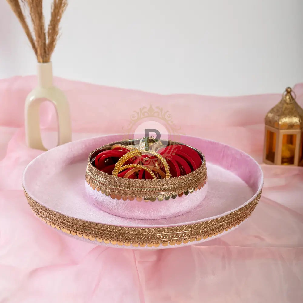 Pastel Pink Velvet Thaal With Chura Bowl