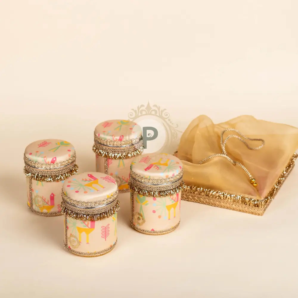 Pastel Small Tissue Basket with 4 Small Printed Ladoo Boxes Tissue Basket