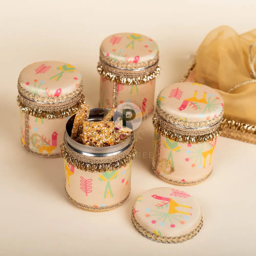 Pastel Small Tissue Basket with 4 Small Printed Ladoo Boxes Tissue Basket