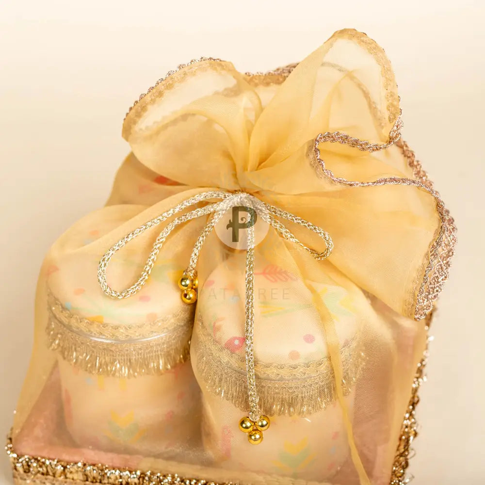 Pastel Small Tissue Basket with 4 Small Printed Ladoo Boxes Tissue Basket