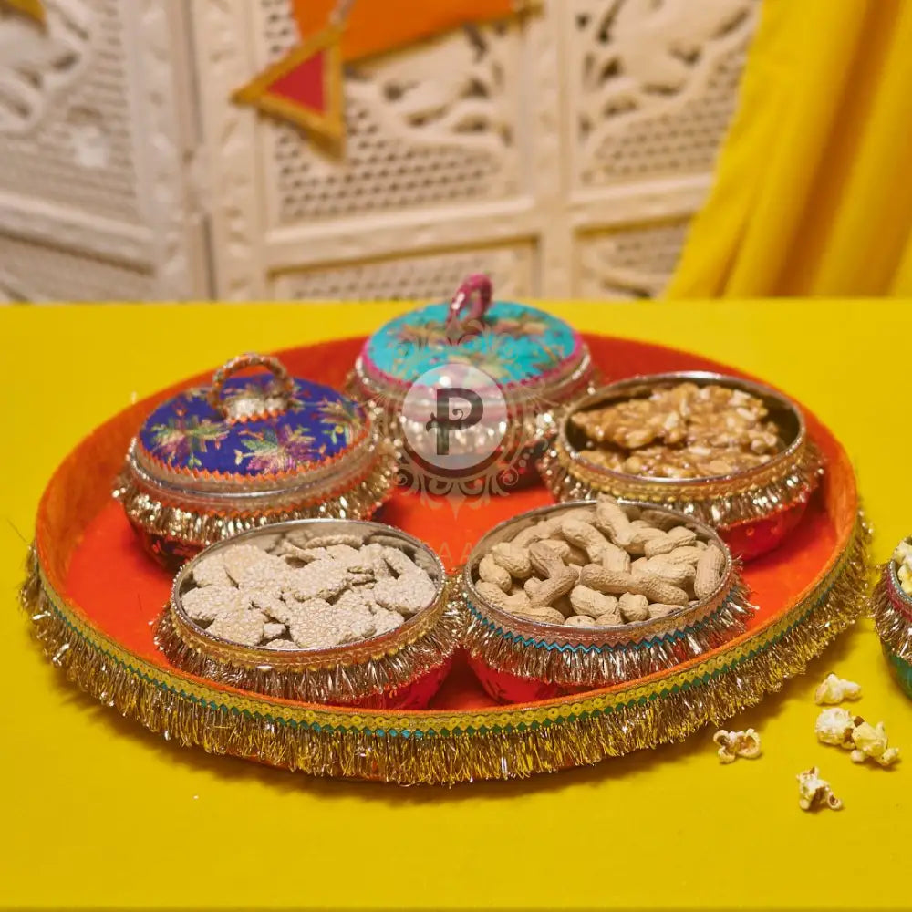 Phulkari Thaal With 5 Small Ladoo Boxes