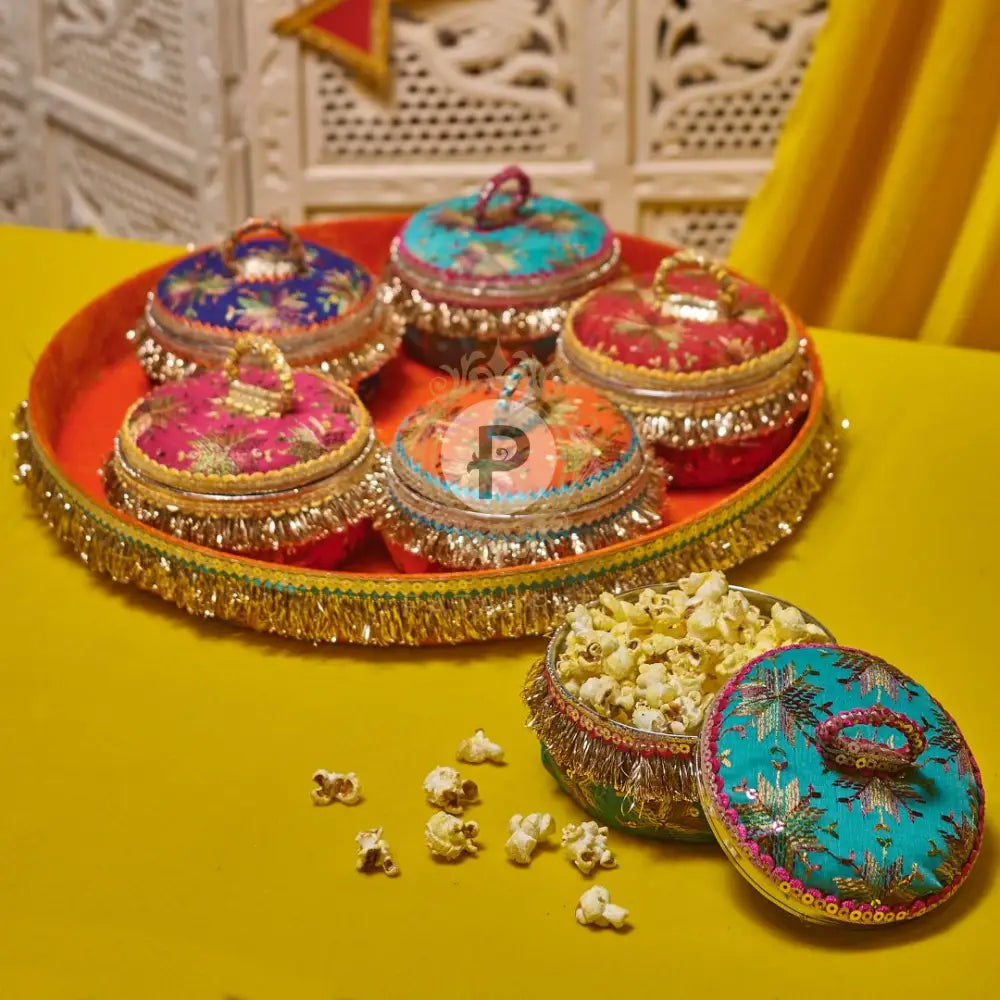 Phulkari Thaal With 5 Small Ladoo Boxes