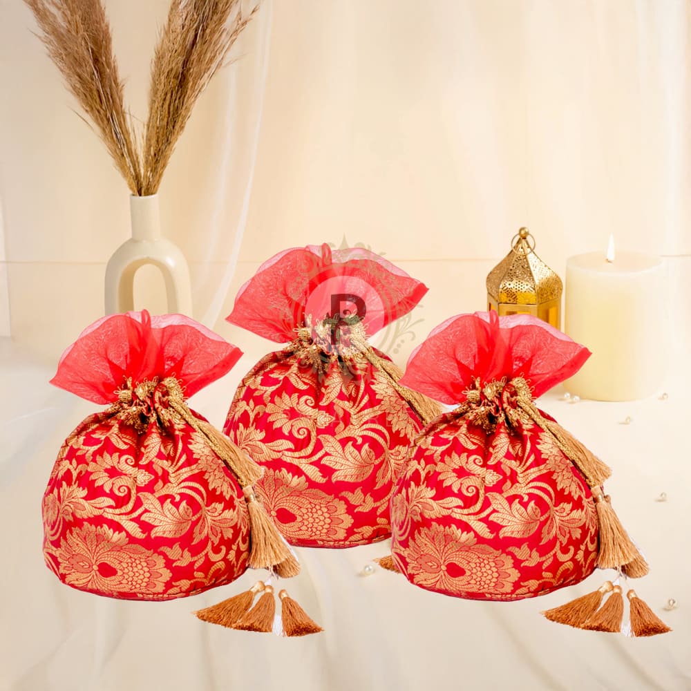 Red brocade Potli (1kg) – Set of 3 Potli