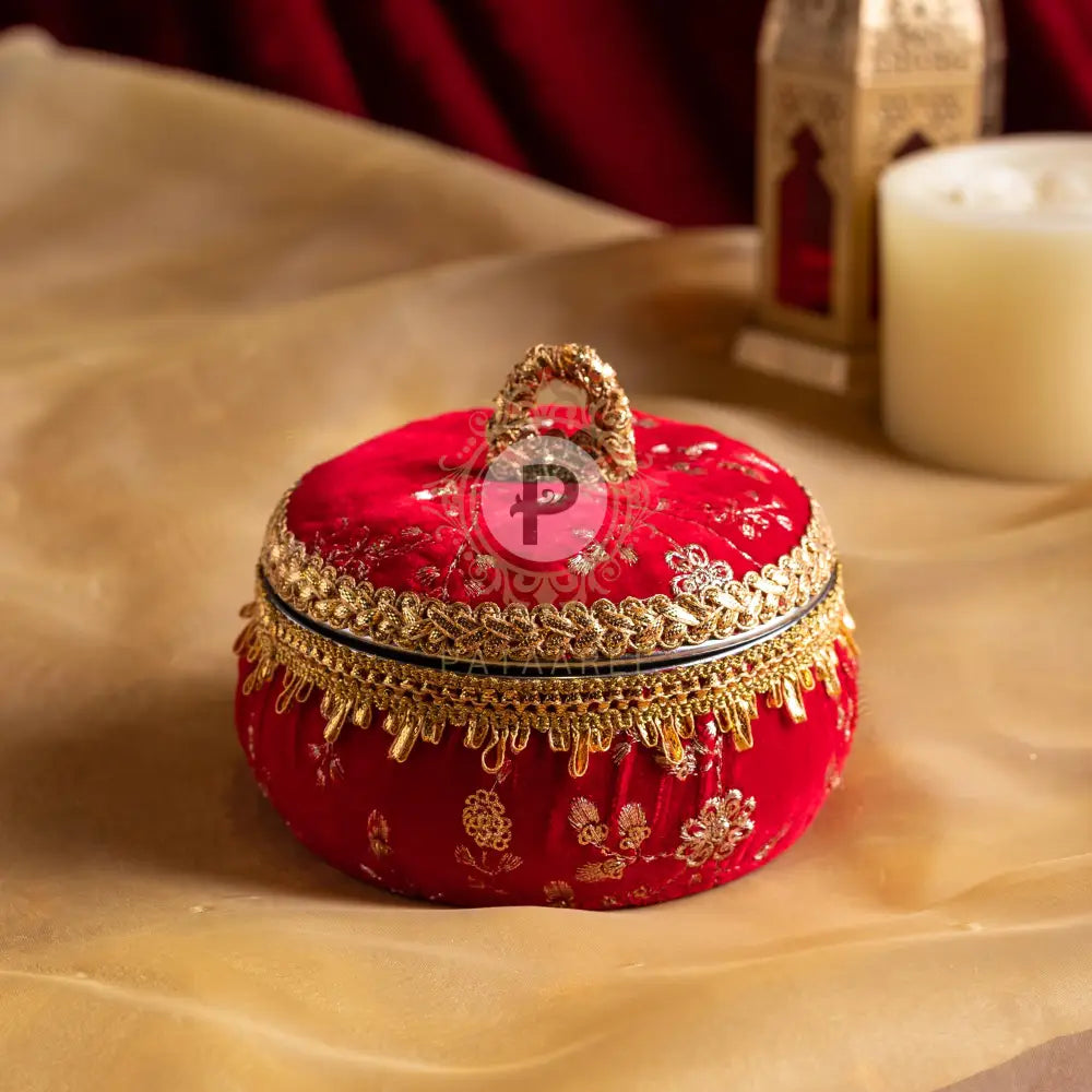 Red Embroidered Velvet Small Ladoo Box