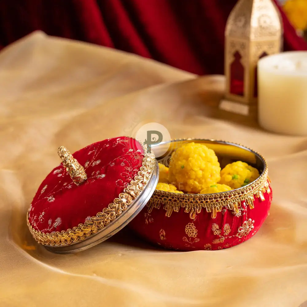 Red Embroidered Velvet Small Ladoo Box