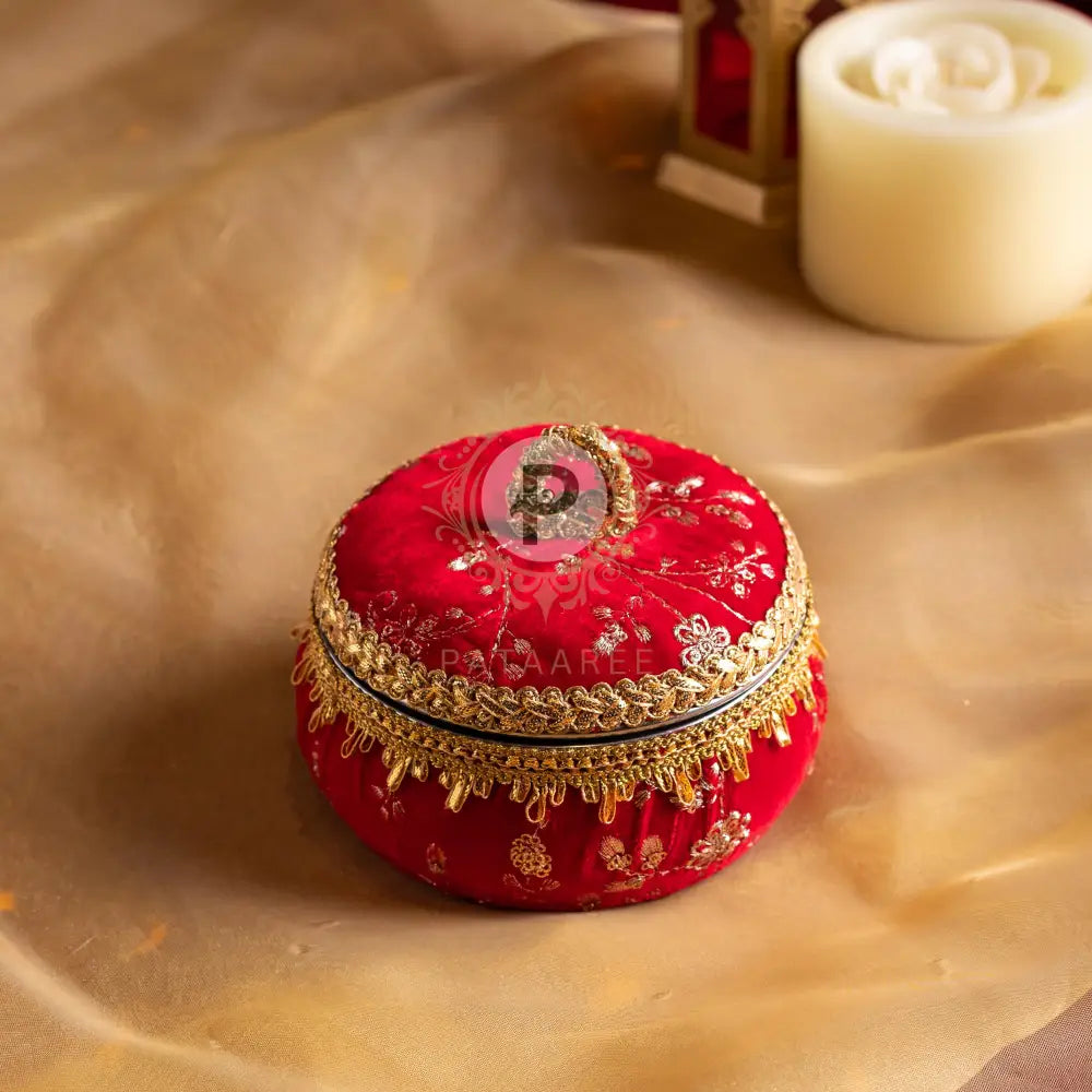 Red Embroidered Velvet Small Ladoo Box