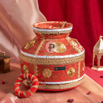 Brocade Jaago Matka With Led Lights Red And Gold
