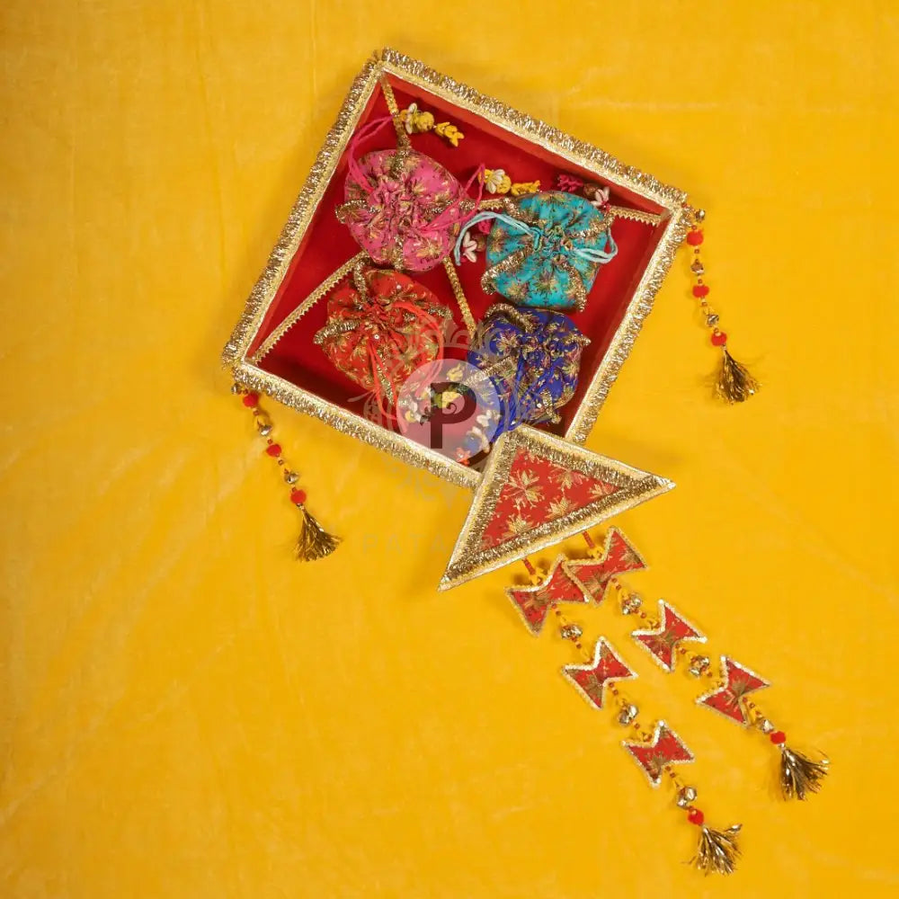 Red Phulkari Kite Tray (With 4 Half Kg Potli)