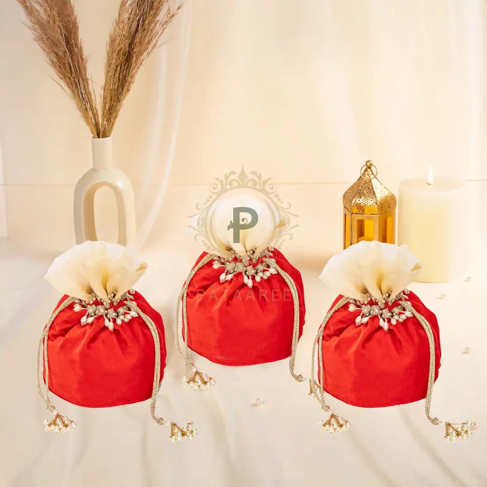 Red Zehra Velvet Potli (1kg) – Set of 3 Potli