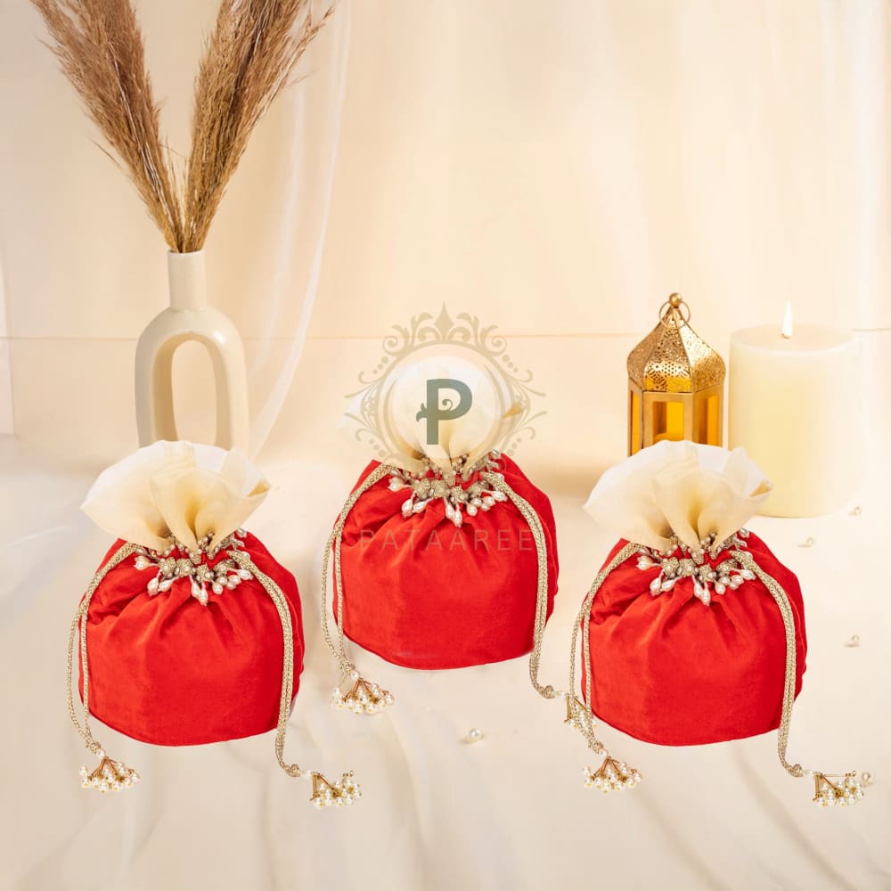 Red Zehra Velvet Potli (1kg) – Set of 3 Potli
