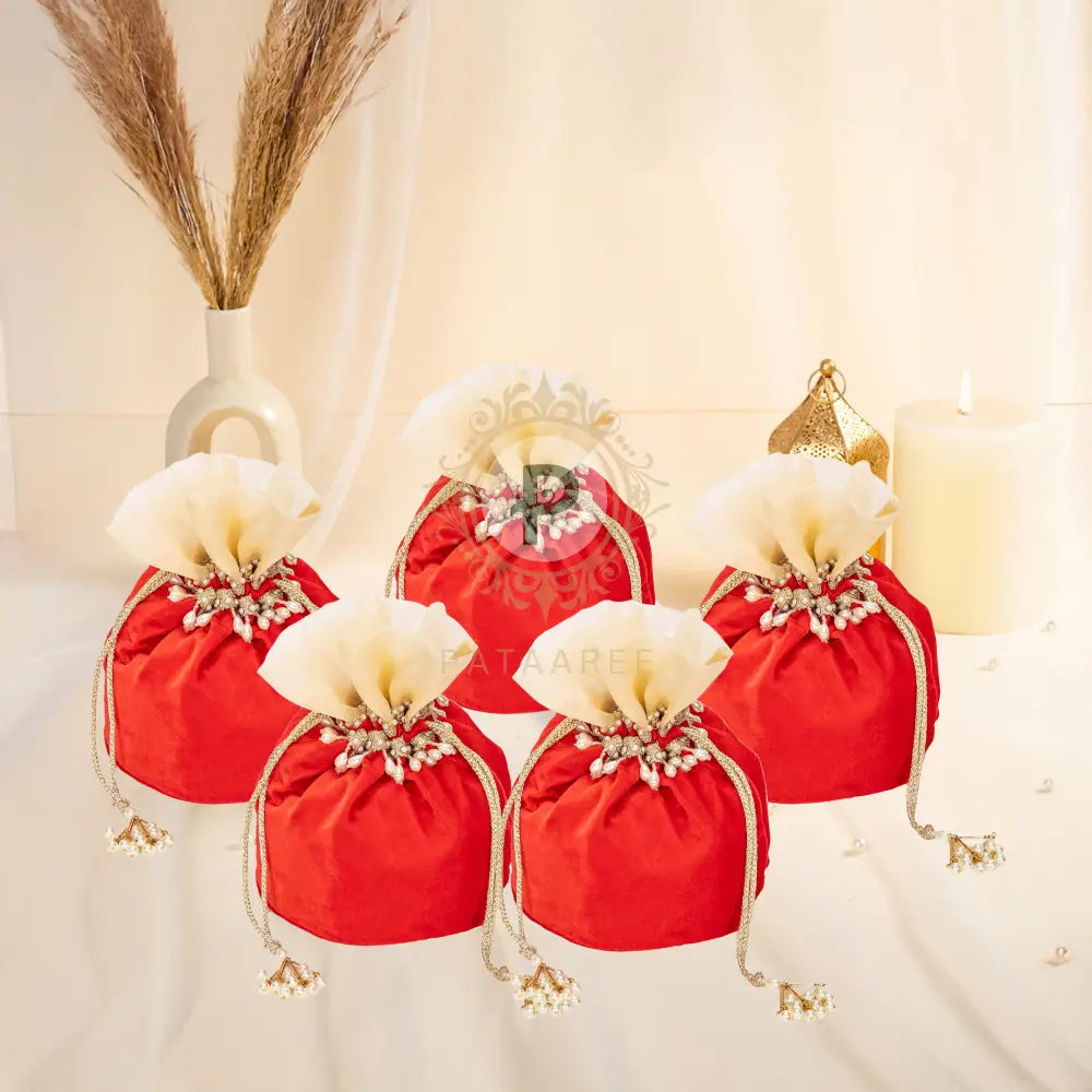 Red Zehra Velvet Potli (1kg) – Set of 5 Potli