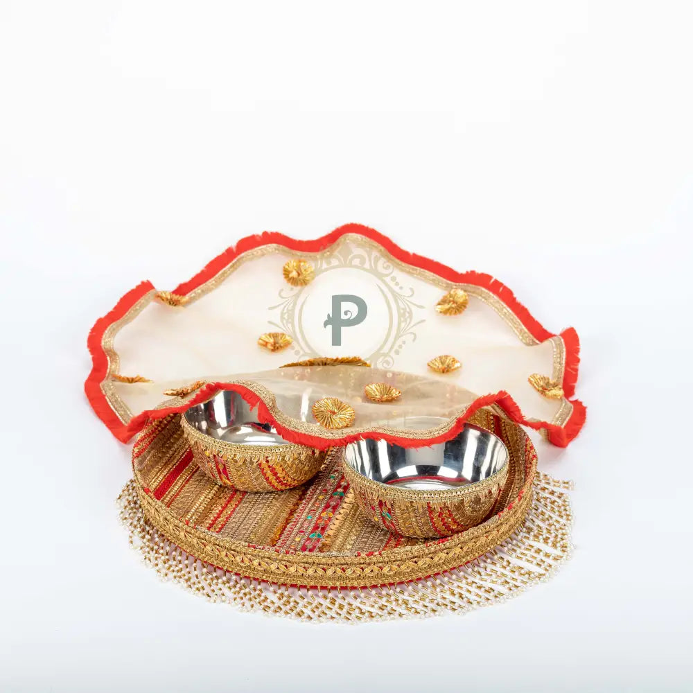 Satrangi Thaal 2 Bowls & Cover With Pearl Hanging Trim