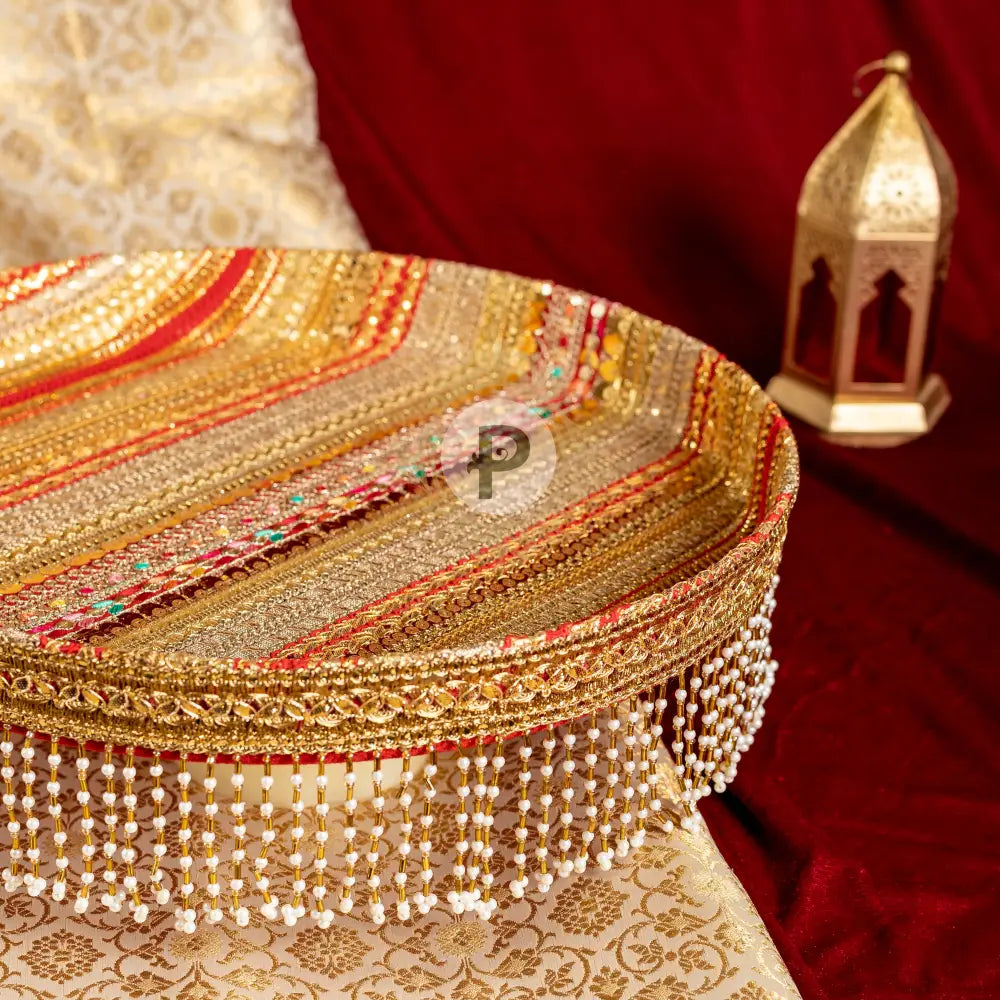 Satrangi Thaal And Cover With Pearl Hanging Trim