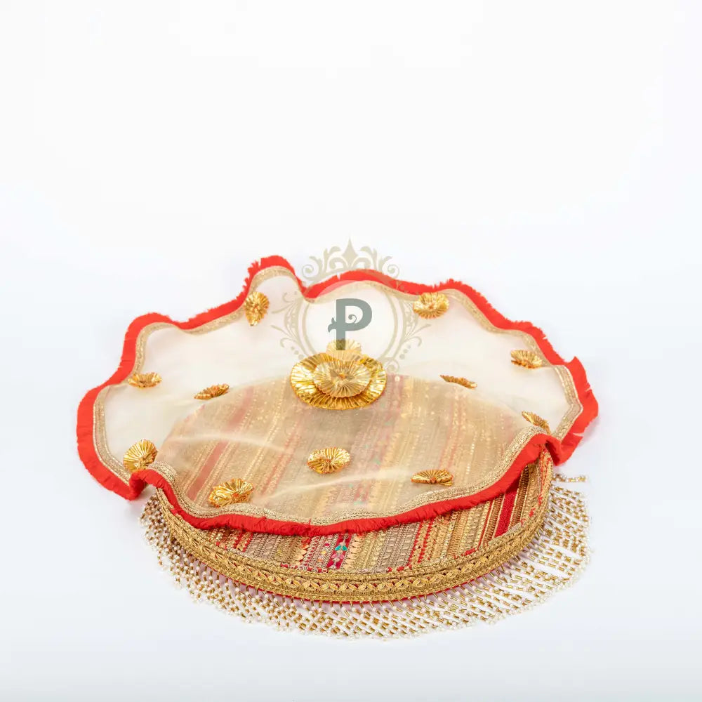 Satrangi Thaal And Cover With Pearl Hanging Trim