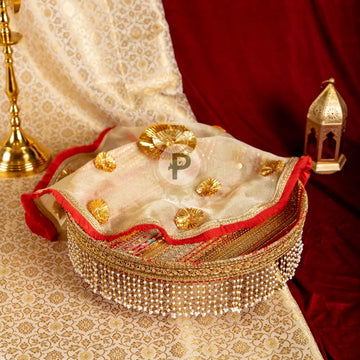 Satrangi Thaal And Cover With Pearl Hanging Trim