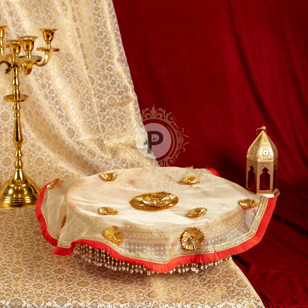 Satrangi Thaal And Cover With Pearl Hanging Trim