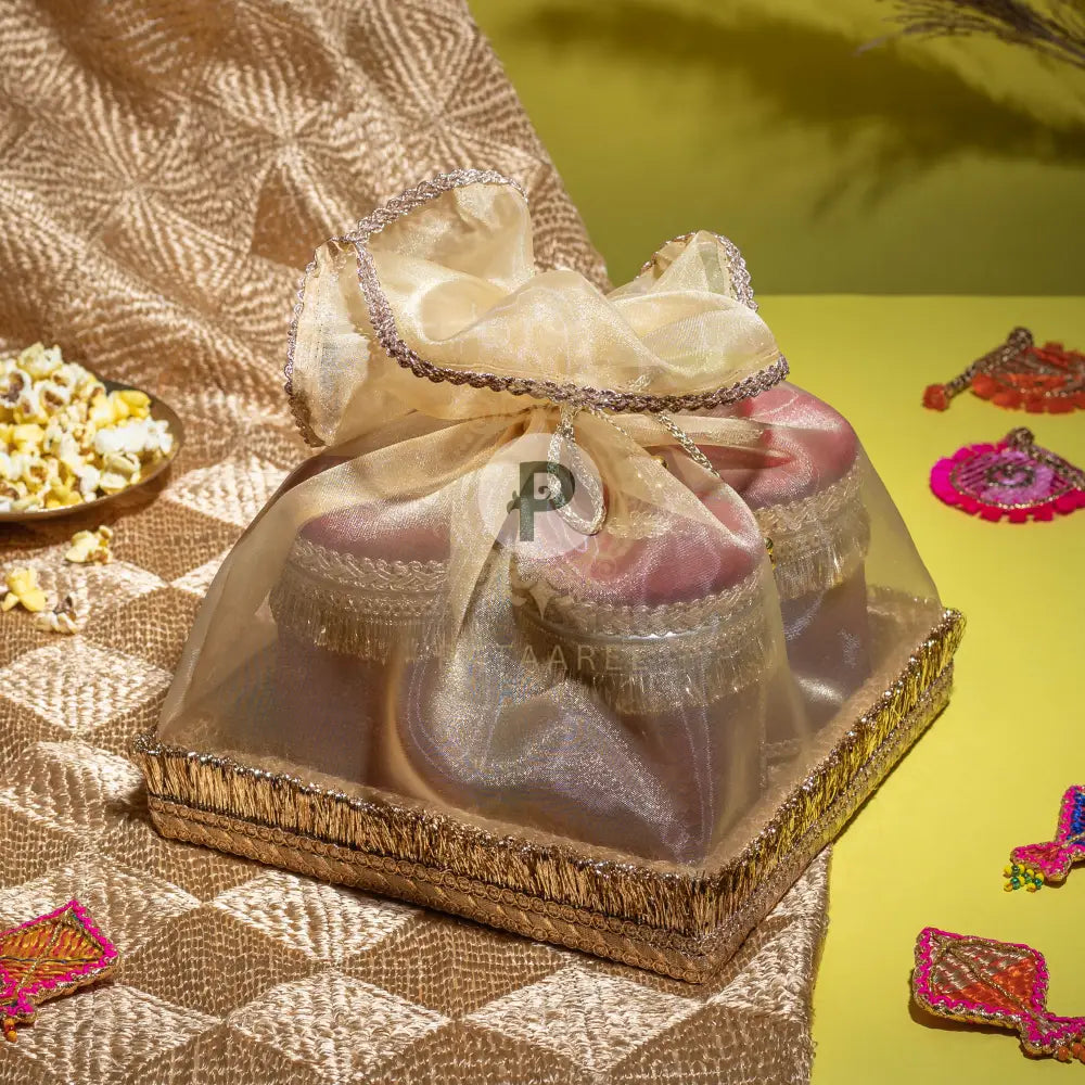 Small Tray Tissue Basket with 4 Small Phulkari Ladoo Boxes Tissue Basket