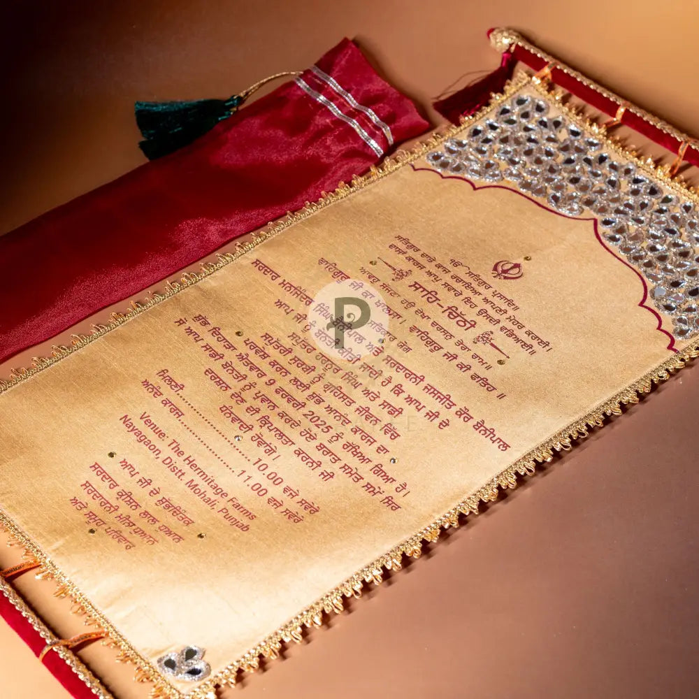 Surkh Palki Sahe Chithi Set with Screen Printed Scroll Sahe Chithi
