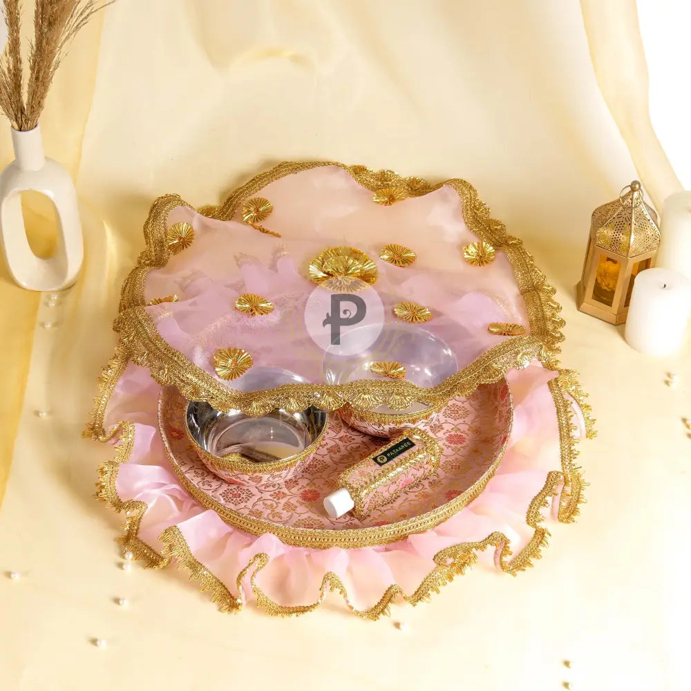 Thaal with 2 Bowls,Oil Bottle & Cover Pastel pink Thaal & Bowl