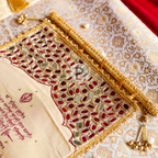Ivory And Green Palki Sahe Chithi Set With Screen Printed Scroll