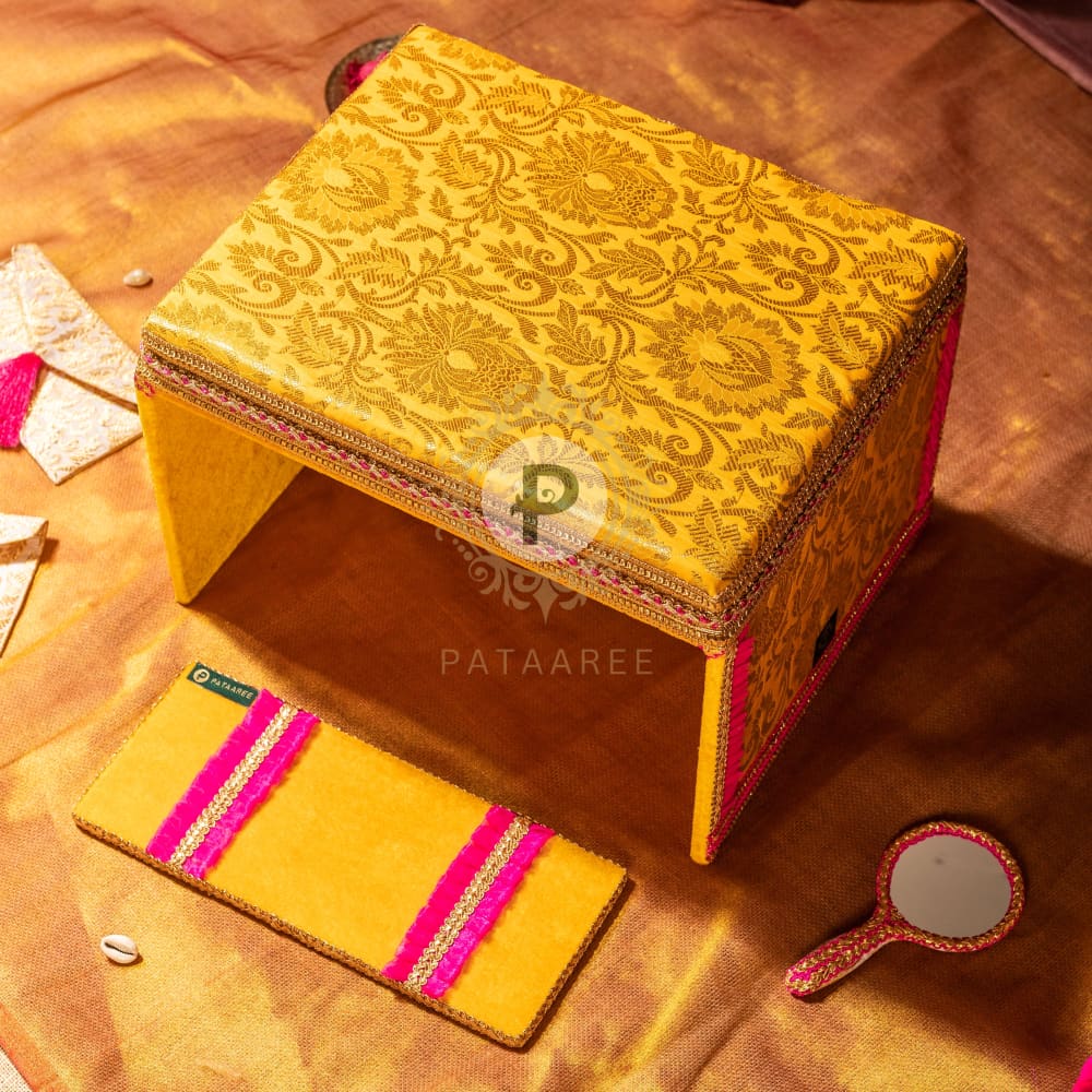 Yellow Brocade Peedi & Fatti With Hot Pink Frill