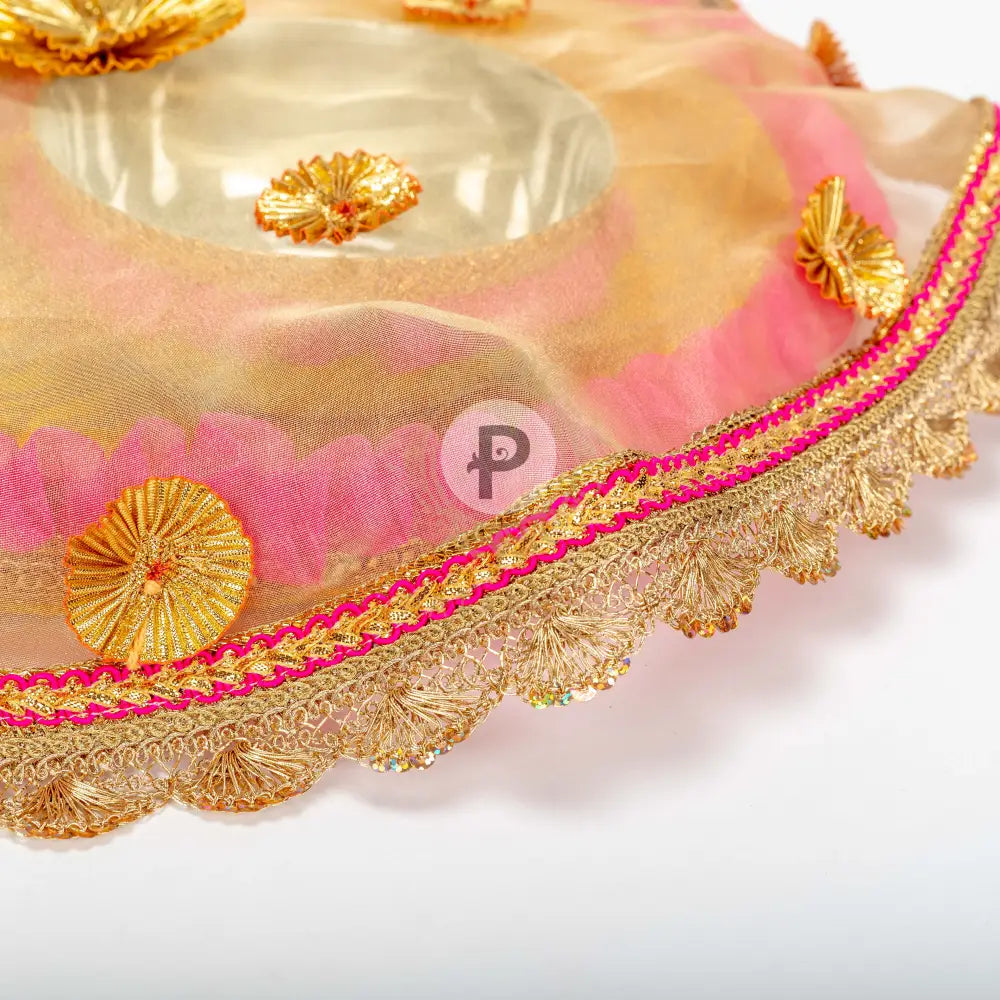 Yellow Brocade Thaal 2 Bowls & Cover With Hot Pink Frill