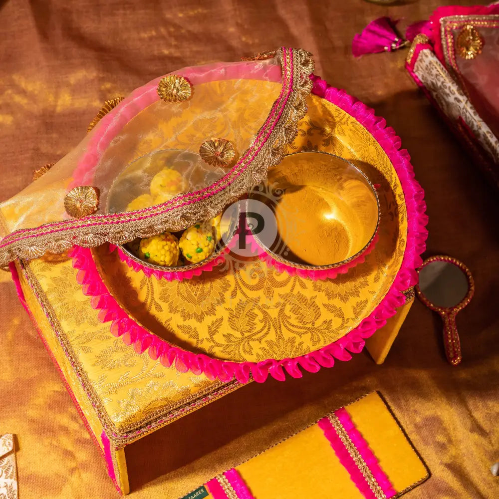 Yellow Brocade Thaal 2 Bowls & Cover With Hot Pink Frill