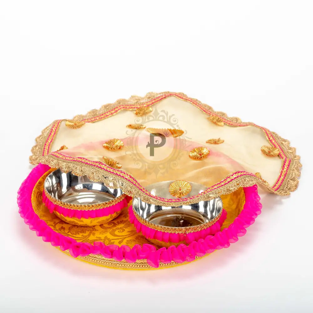 Yellow Brocade Thaal 2 Bowls & Cover With Hot Pink Frill