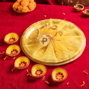 Yellow Diya Thali With 5 Handpainted Diyas