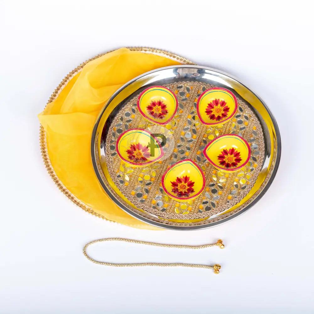 Yellow Diya Thali With 5 Handpainted Diyas