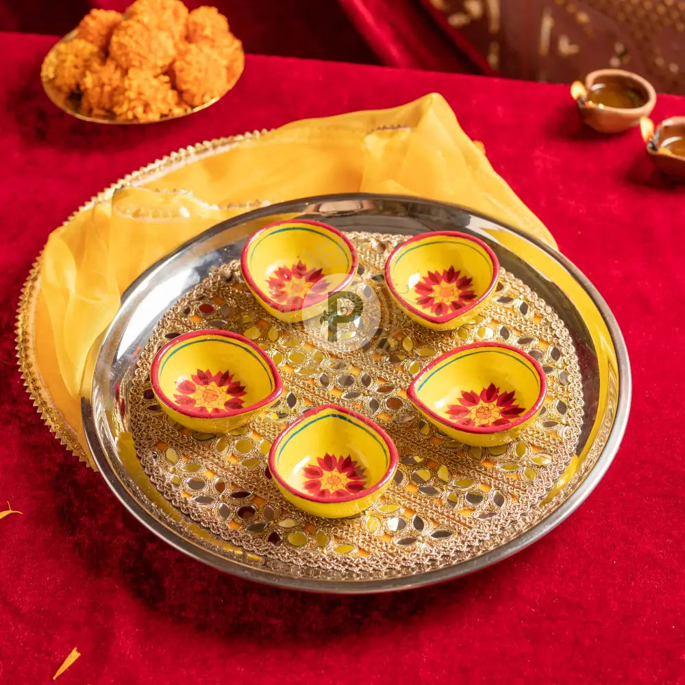 Yellow Diya Thali With 5 Handpainted Diyas