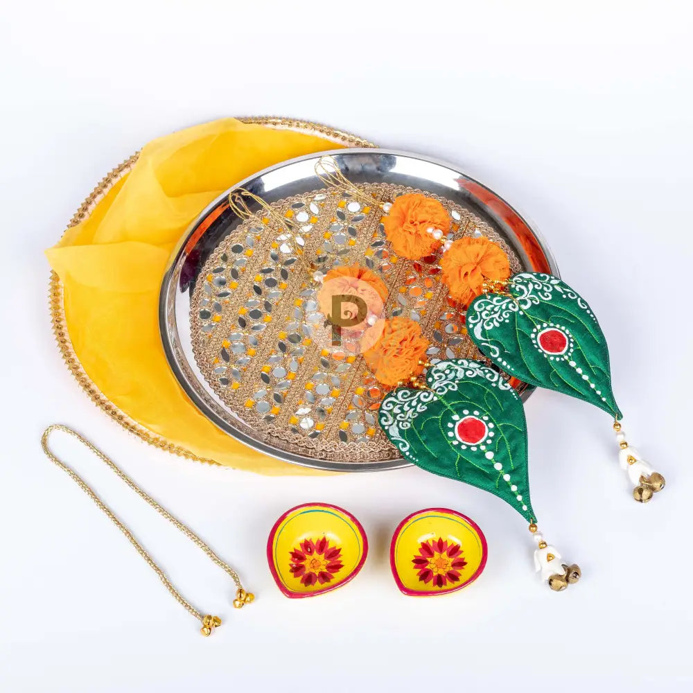 Yellow Diya Thali With Tilak Toran & Diyas