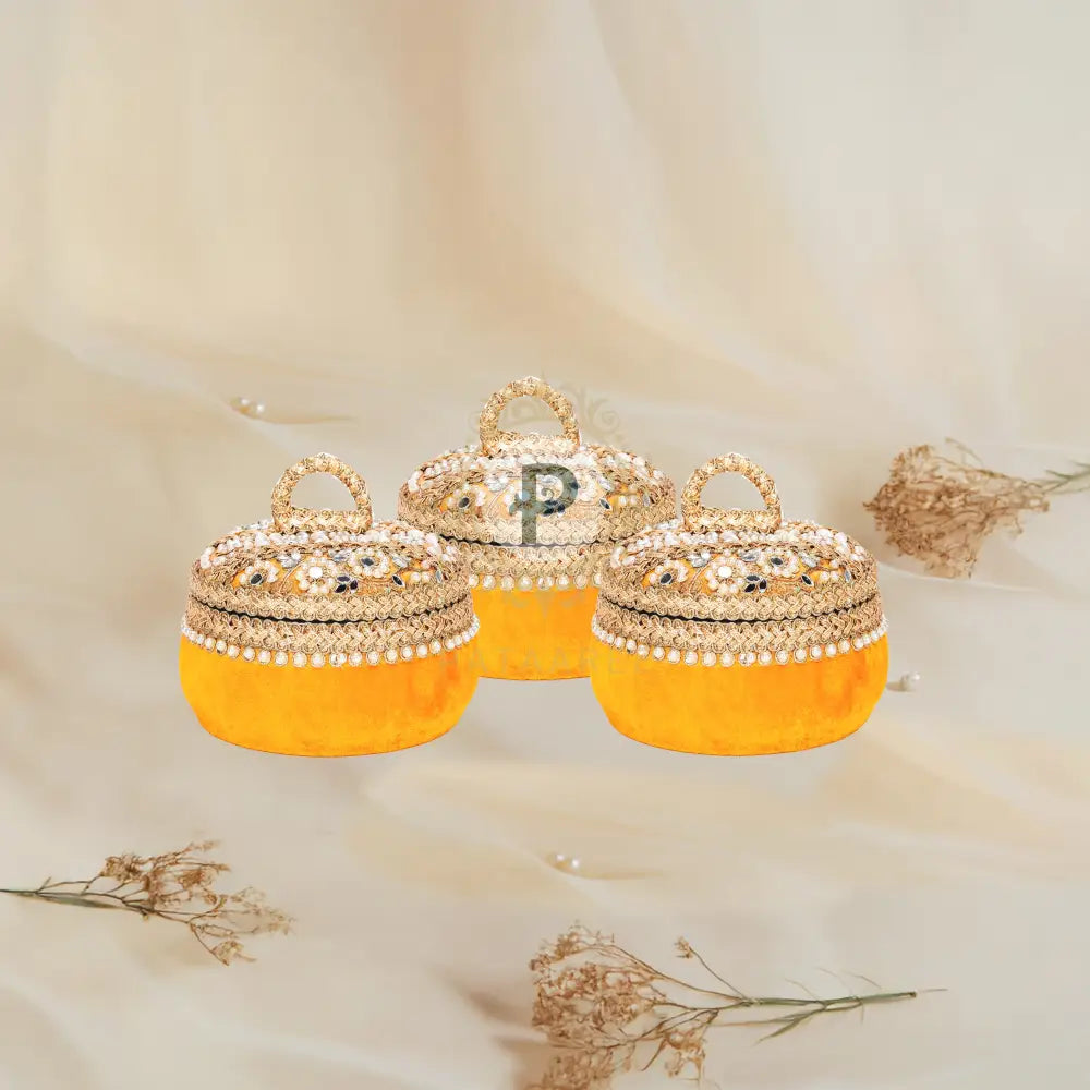 Yellow Zehra Ladoo Box Small Set of 3 Ladoo Box