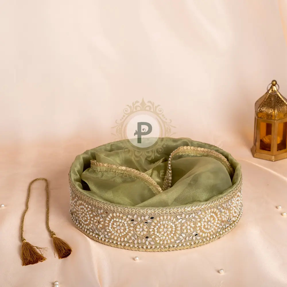 Zehra Sage Green Round Tissue Wedding Hamper Basket Tissue Basket