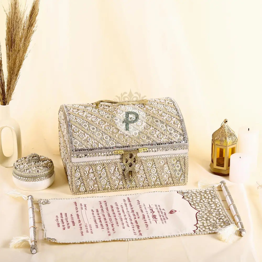 Zehra Sakshi Wedding Invite Set With Screen Printed Fabric Scroll